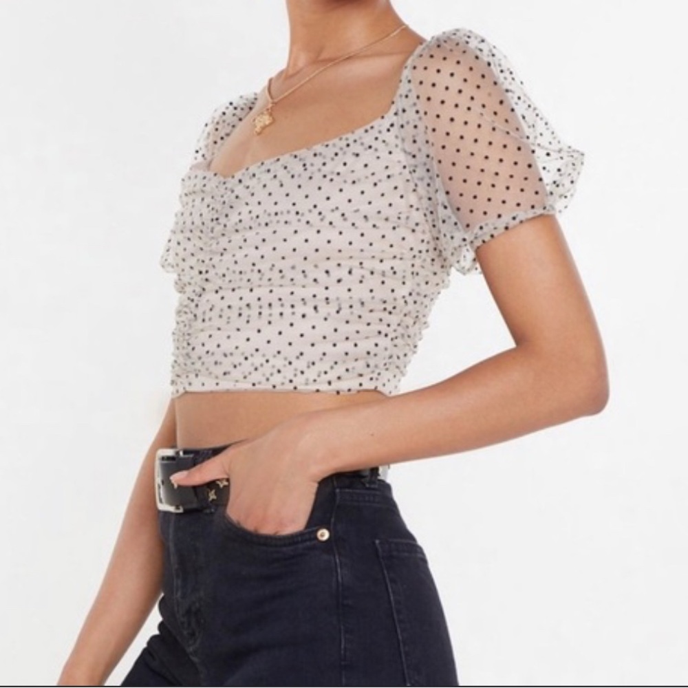 Nasty Gal Coquette Polka Dot Sheer Mesh Crop Top Puff Sleeve Small Size 6